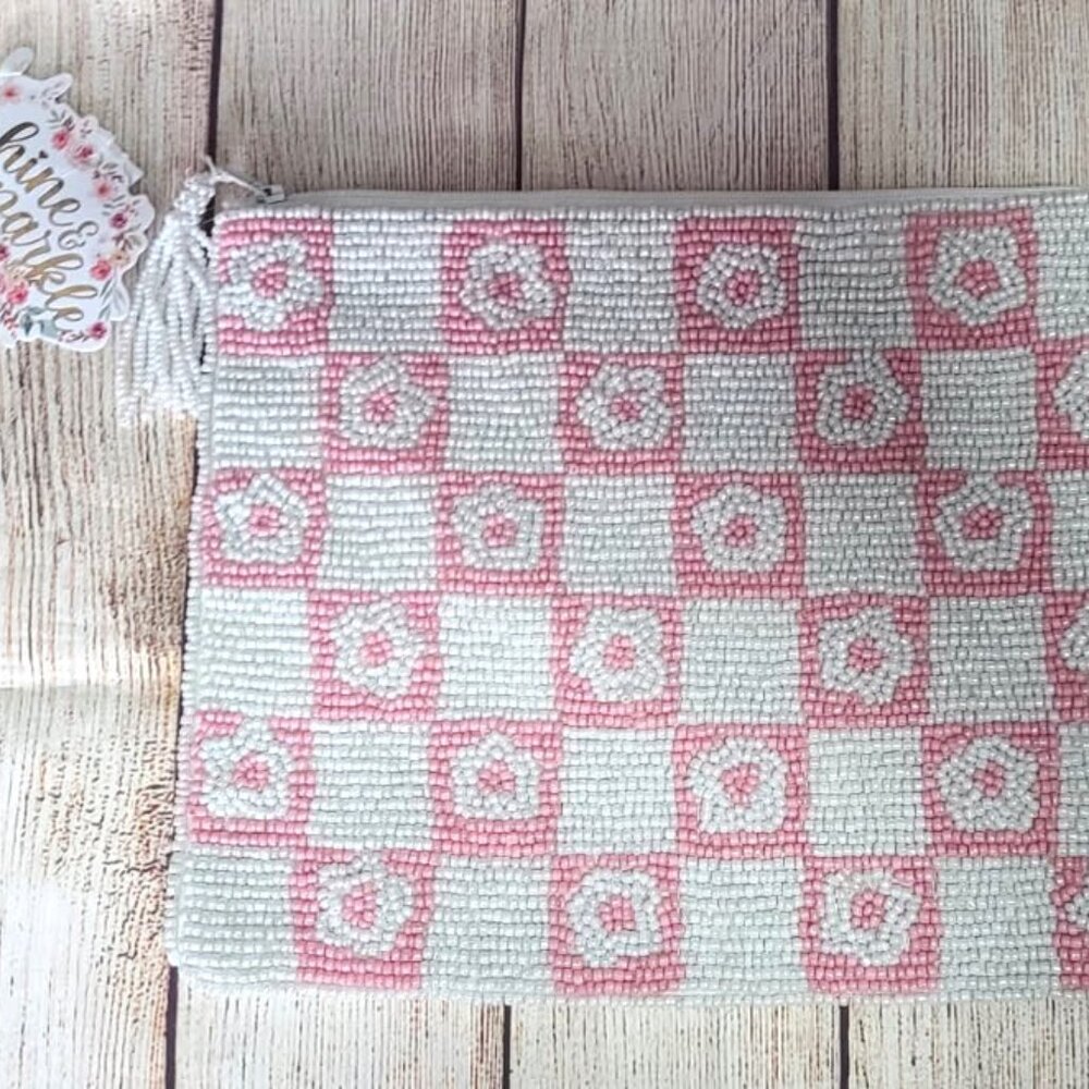 Shine & Sparkle Flower Beaded Bag - Ecru/Pink - Canvas & Lined - NWT